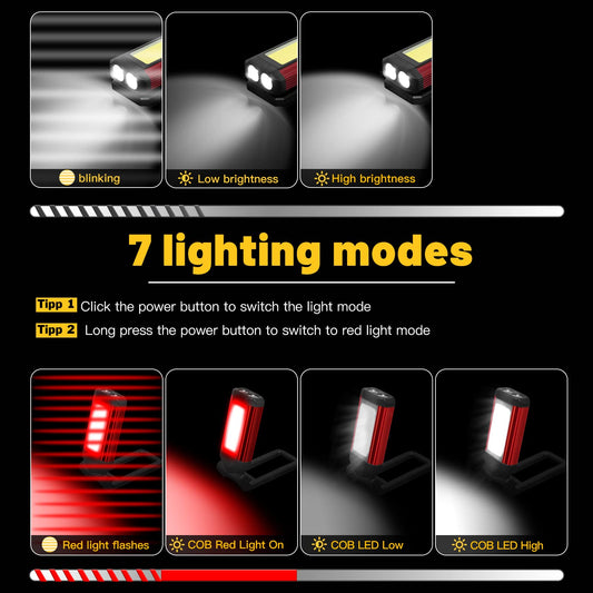 Daphomeu LED Work Light 2 Pack, Ultra Bright COB Work Light & LED Flashlight, Red Emergency Light with Rotatable Magnetic Base, Rechargeable Inspection Lamp for Auto Repairs, Workshop, and Camping.
