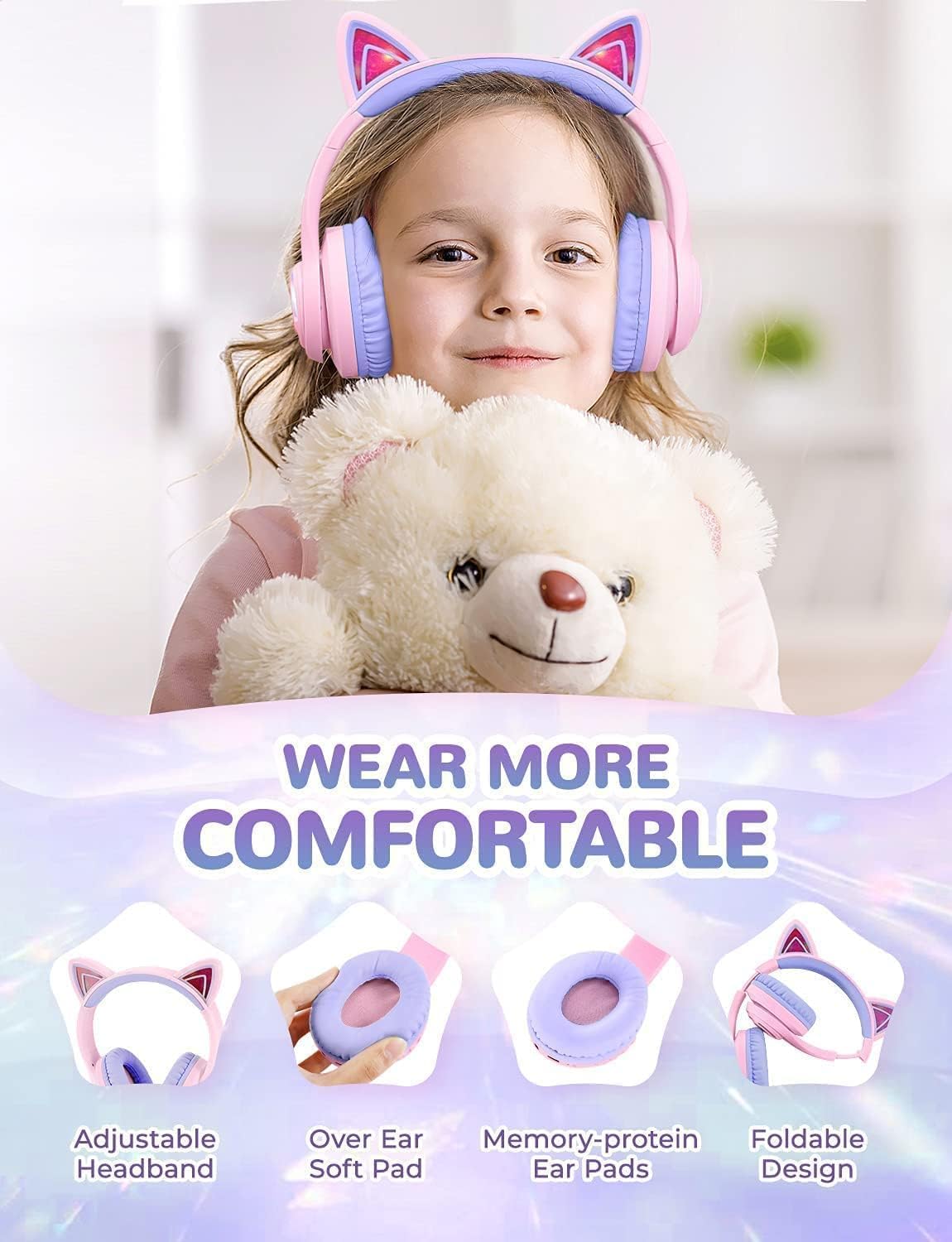 iClever Bluetooth headphones for kids over ear, adjustable 74/85dBA volume control, 50 hours of playtime, Bluetooth 5.2, kids headphones with microphone for school/tablet/phone/PC