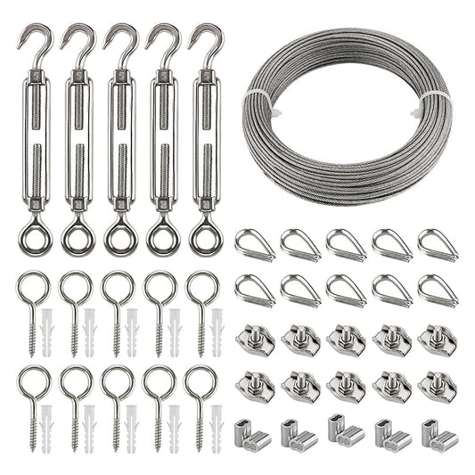 Stainless Steel Wire Rope Trellis - 35m PVC Coated Steel Cable Tensioning Kit with Turnbuckle M5, Eye Screw, Thimble, Wire Rope Clamp & Aluminum Rope Clamp for Climbing Plants, Railing, Light/Picture Hanging.