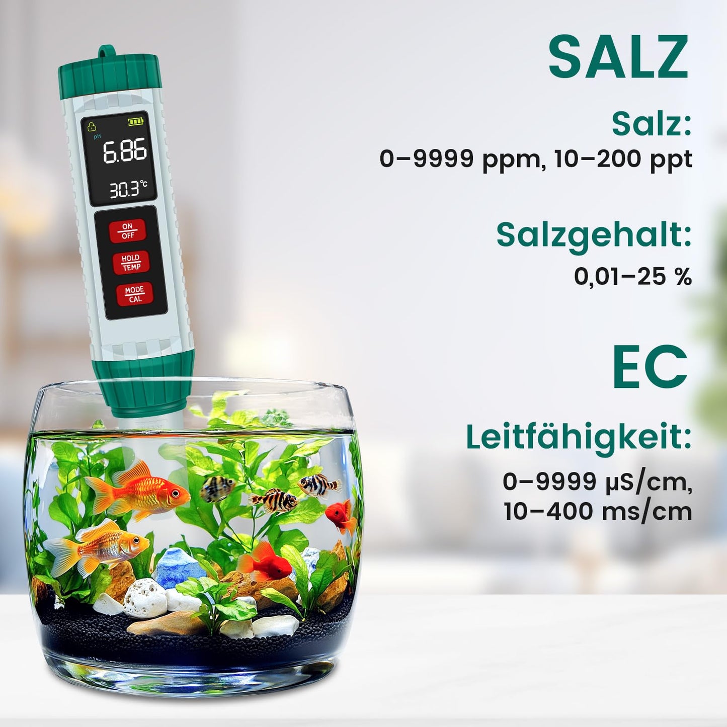 PlayDen PH Meter Water, PH/TDS/EC/Salinity/Thermometer 5 in 1 pH Value Meter with LCD Display, Automatic Temperature Compensation pH Pool Tester, High Precision Drinking Water Tester