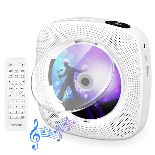 Portable CD player with Bluetooth, Gueray Wall Mountable CD Player Built-in HiFi Speakers with LCD Screen, Home Audio Boombox FM Radio USB MP3 Music Player (White)