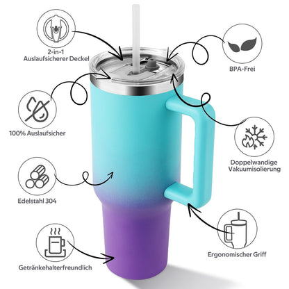 PRAOAHEI 40oz/1180 ML thermos cup with straw and handle, coffee mug to go, leak-proof drinking cup with lid, double-walled stainless steel cold hot vacuum cup, thermo blue purple.