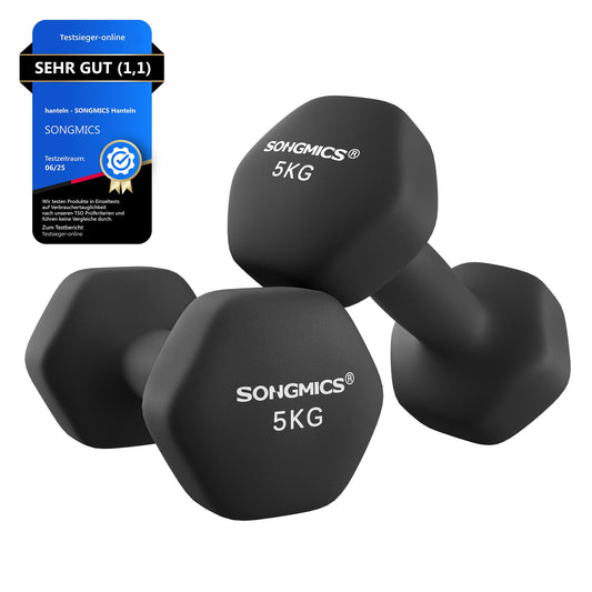 SONGMICS Dumbbells, 2 pcs, 2 x 5 kg, Dumbbell Set, Dumbbells, Hexagon, Neoprene Coating, Strength Training, Workout, Fitness Training, for Home, ink black SYL60BK