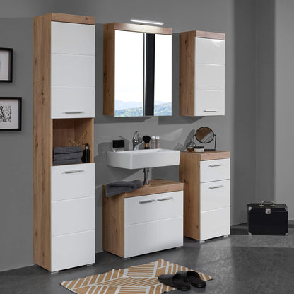 trendteam smart living - Amanda - Bathroom Vanity Cabinet - White/High Gloss White Oak - 1 Shelf - (WxHxD) 60 x 56 x 34 cm - Scratch-resistant