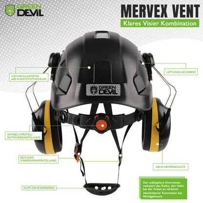 GREEN DEVIL protective helmet work helmet with clear visor and ear protection earmuffs Adjustable ABS safety helmet Ventilated construction helmet Industrial helmet (Black)