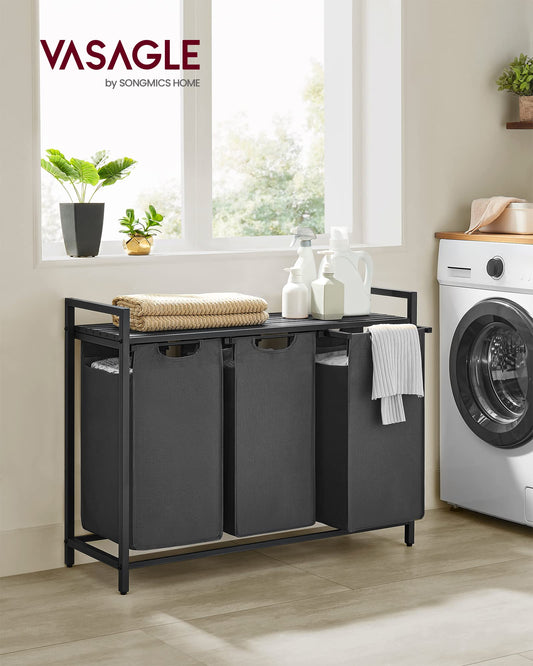 VASAGLE laundry basket with 3 compartments, laundry collector with shelf, laundry box, removable laundry bag made of Oxford fabric, metal frame, 3 x 40 L, 92.5 x 33 x 72 cm, slate gray-anthracite gray BLH301G01