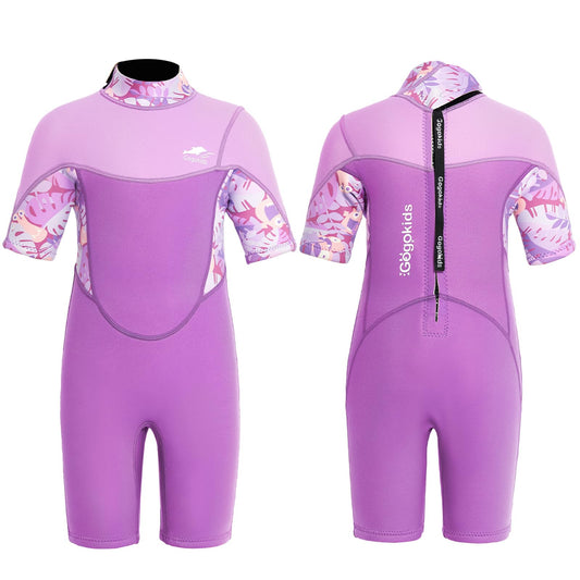 Gogokids Shorty Neoprene Wetsuit for Kids, 2.5mm thickness with back zipper. Provides comfort, warmth, and UV protection for swimming, snorkeling, and surfing. Suitable for 5-6 year old girls in Violet color.