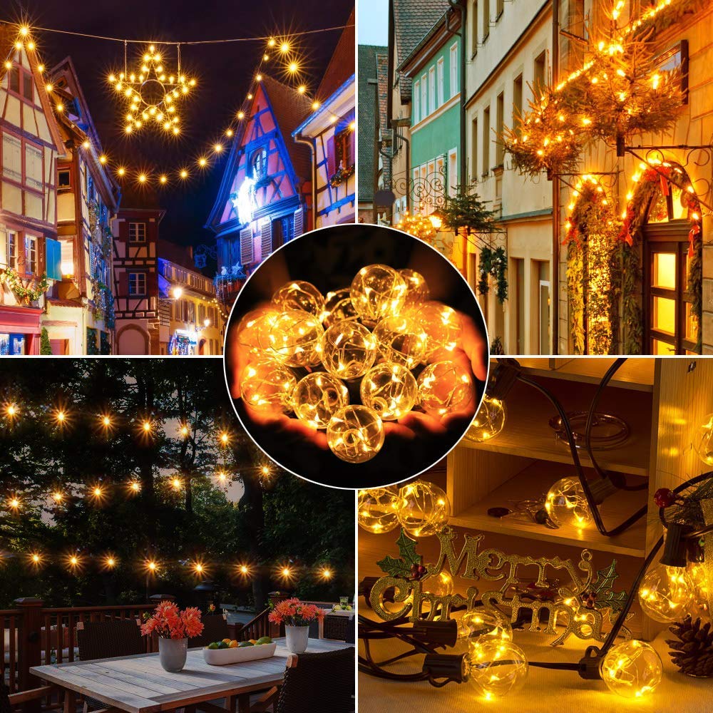 Quntis 38ft IP65 LED outdoor string lights, 30 G40 bulbs E12 warm white + 3 spare bulbs, 155 LEDs, waterproof for party garden balcony patio tent cafe décor.