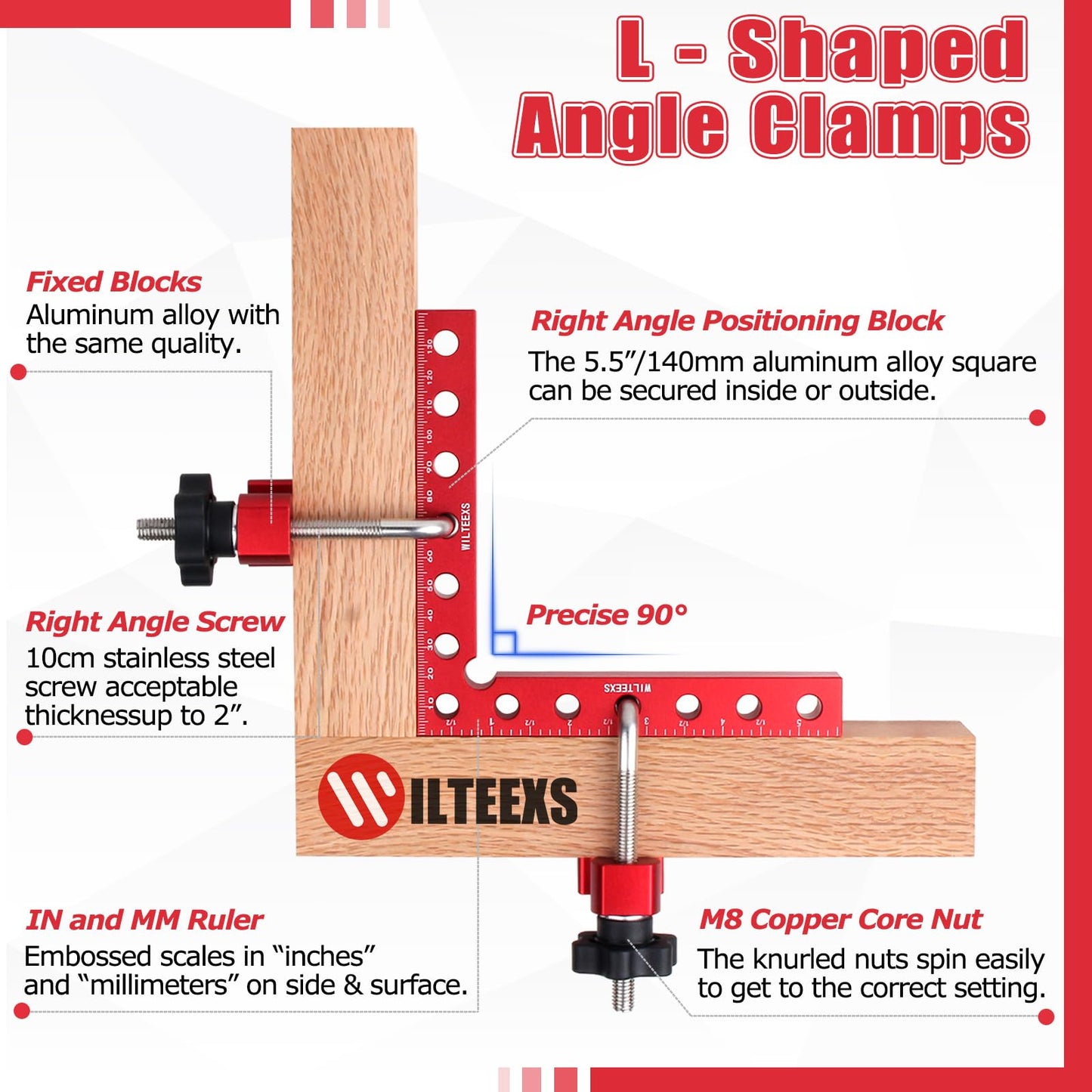WILTEEXS Corner Clamps for Woodwork, 5.5" Aluminum Alloy Right Angle Clamp, 90 Degree Positioning Squares Clamp with Box, Right Angle Clamp Tool for Picture Frames Cabinet Drawers Making- 4 Sets