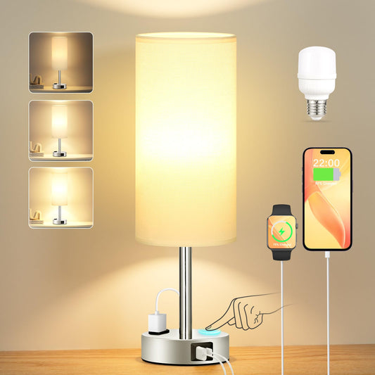 Kakanuo bedside lamp with touch dimming, table lamp with USB A+C+socket charging function, lampshade made of linen fabric, lamp for bedside living room bedroom children's room office (includes bulb)