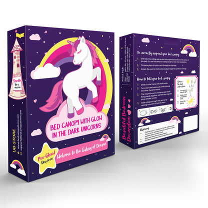 Purple bed canopy with pre-glued glowing unicorns - Violet princess mosquito net for girls' room decoration - Canopy curtains for children and baby beds.