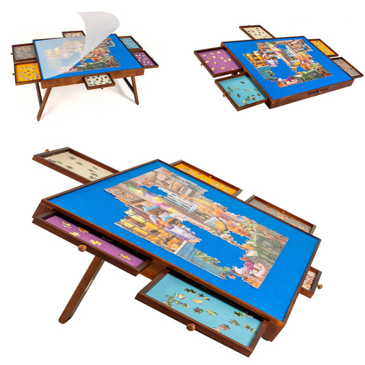 Tektalk puzzle table with foldable legs & tiltable stand, puzzle board with PP cover & 6 colorful drawers, suitable for 1500, 1000, 500 puzzle pieces.