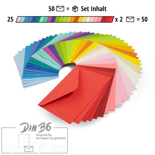 Japun - set of 50 colored envelopes (2 x 25 colors) made of paper, without window - DIN B6-175 x 125 mm - 120 g/m² - colorful.