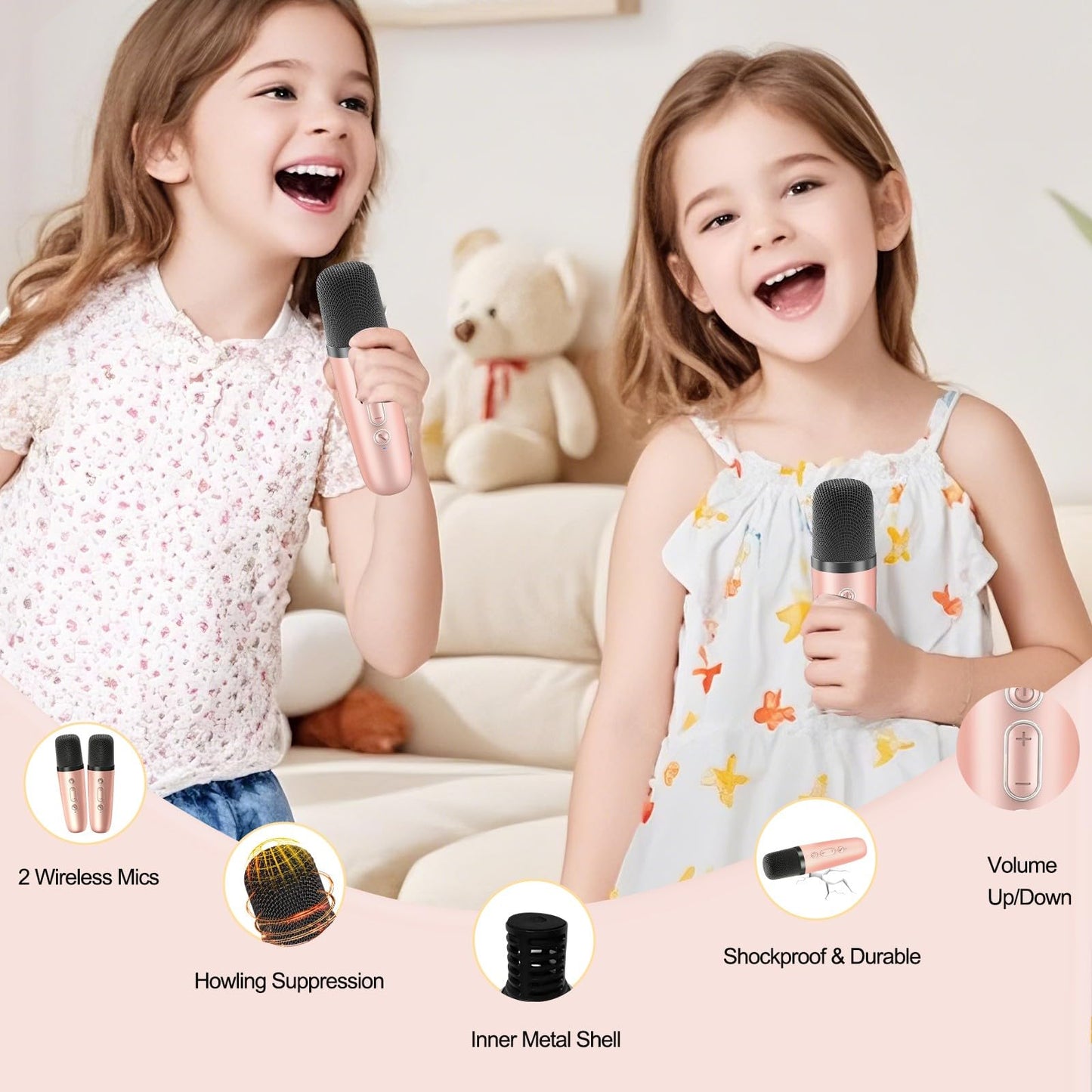 CUTE speaker boxes with karaoke microphone for kids, mini karaoke machine supports Bluetooth, Micro SD, USB & AUX, gift & toy for girls 4-12 years, perfect for parties & celebrations.