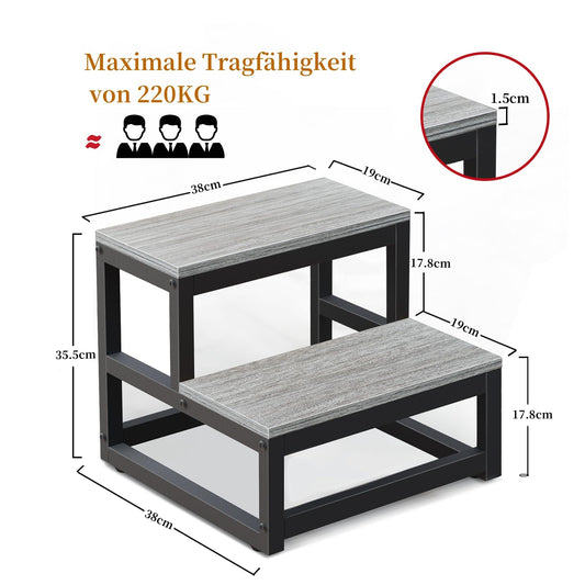 LIANTRAL Step Stool for Adults and Kids, 2-Step Stool, Heavy Duty Steel and Stable Wooden Stool, Holds up to 200KG, Step Stool for Bed, Kitchen, Bathroom, Grey