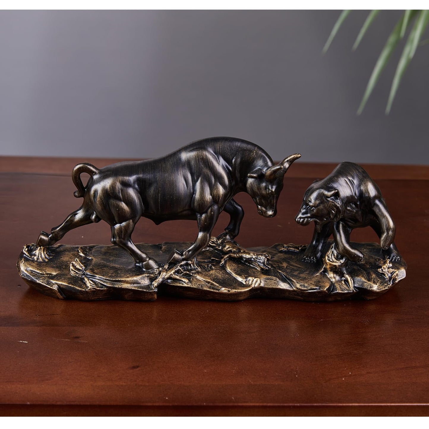 Cute Bull and Bear market figures made of resin. Wall Street Bull Bear Statue for desks, shelves, or displays. These figures make a great office gift idea.