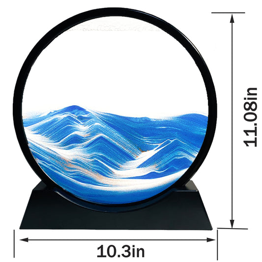 Dynamic 3D rotating sand art, Flowing sand painting in circular glass frame, Moving sand picture Natural landscape, Blue ocean, Relaxing desktop art decoration (Blue, 12")