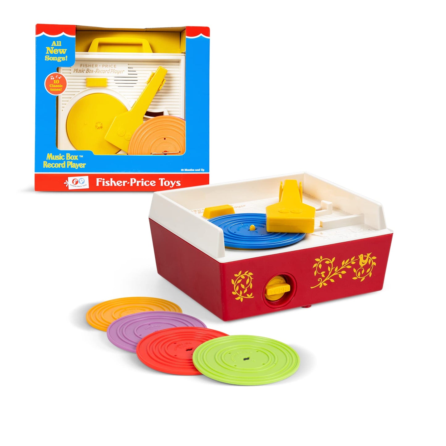 Fisher Price Classics 1697 Musicbox Record Player, baby music toy, interactive learning toy with 10 songs, educational toy, retro toy gift for ages 18 months+