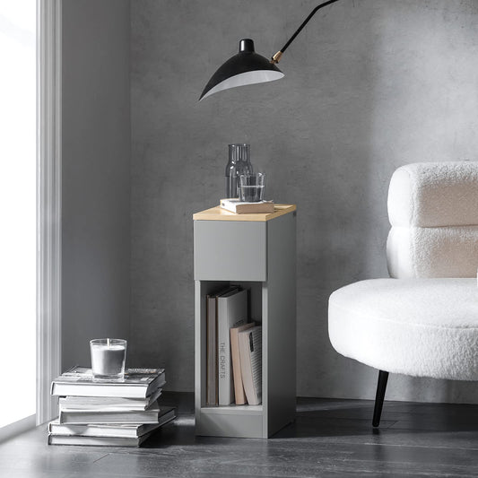SoBuy slim bedside table with drawer and shelf nightstand for bedroom living room light grey B20 x D35 x H60 cm FBT111-HG