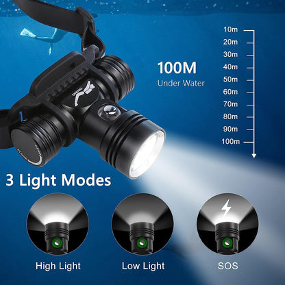 100000 lumens diving headlamp scuba diving headlamp, super bright IPX8 waterproof diving swimming submarine headlamp, 3 lighting modes underwater safety light with battery