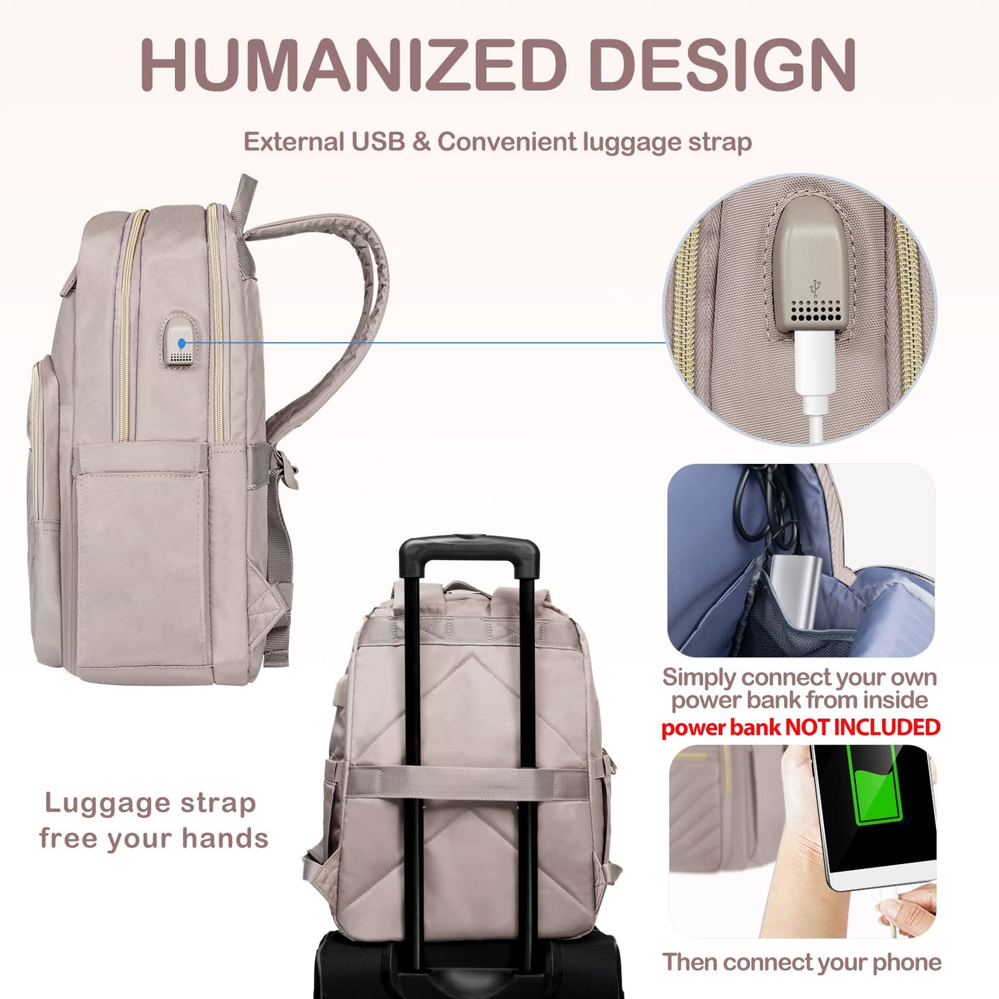 VANKEAN 15.6 inch Laptop Backpack for Women, Waterproof School Backpack for Men and Women with USB Charging Port for University, Business, Work, Travel, Camping, Pink