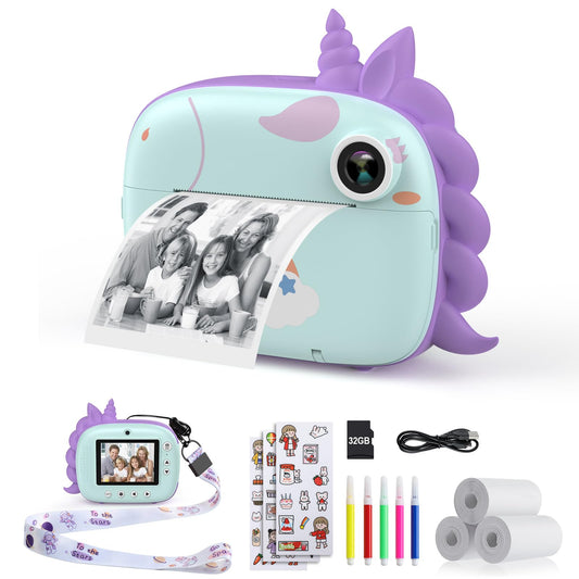 HiMont Kids Camera Instant Camera, Digital Camera for Kids with printing paper & 32G TF Card, Video Camera with colored pens & fun accessories, Gift for Kids aged 3-14 (Green)