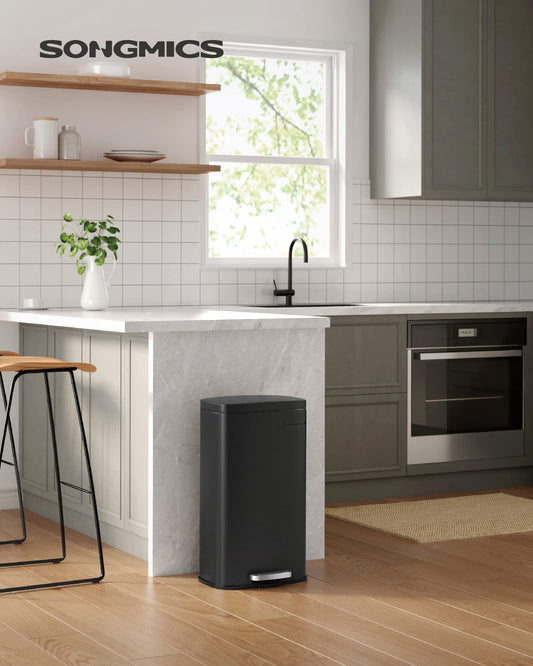 SONGMICS Kitchen Trash Can, 30 Liter, Garbage Bin, Step Trash Can, Kitchen Trash Can with Soft Close Lid and Inner Bin, Pedal Bin, Steel, black LTB03BK