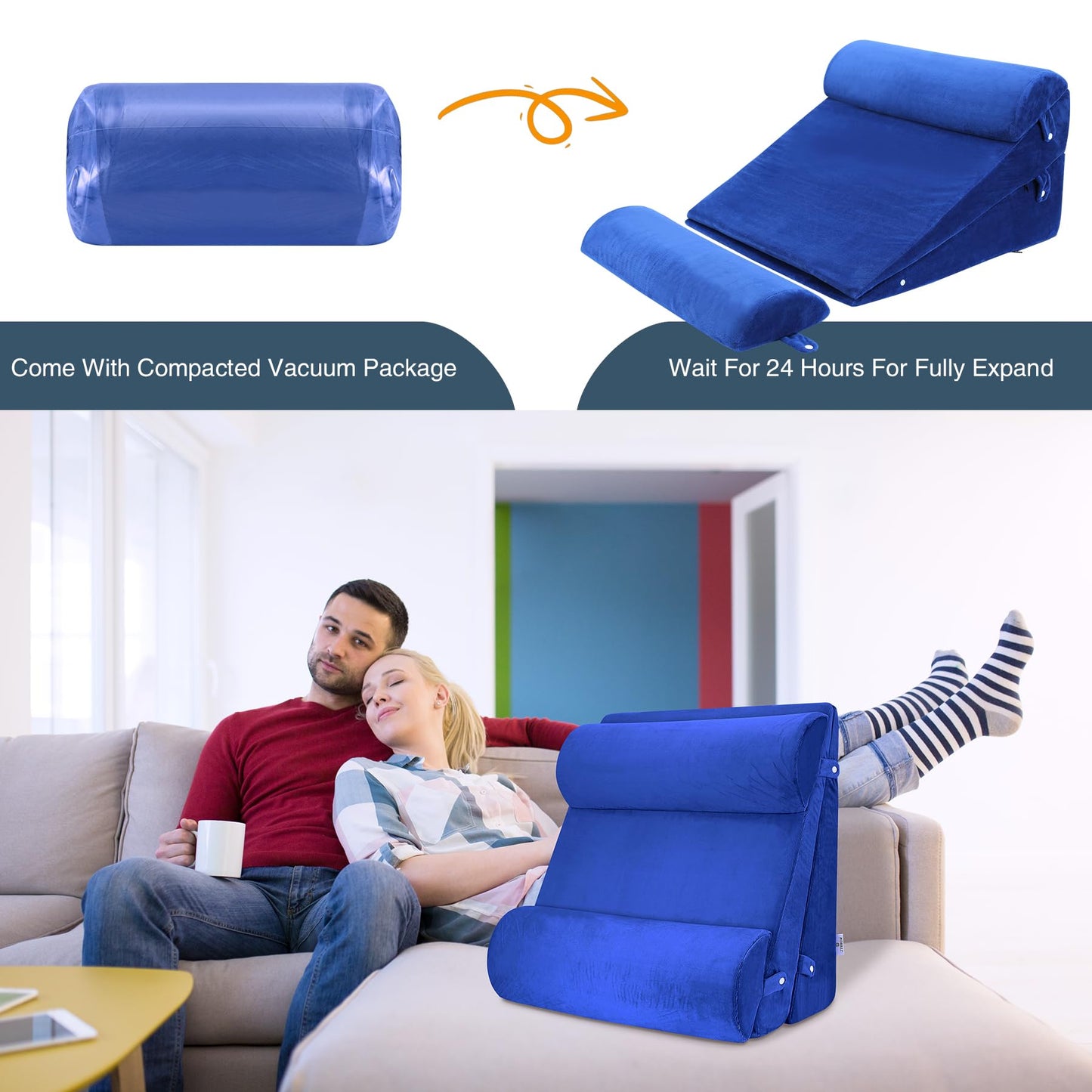 WDBBYL Bed Wedge Pillow Set, 4 pieces, for sleeping, elevation, post-surgery recovery support, acid reflux, GERD, snoring, washable velvet cover, Blue