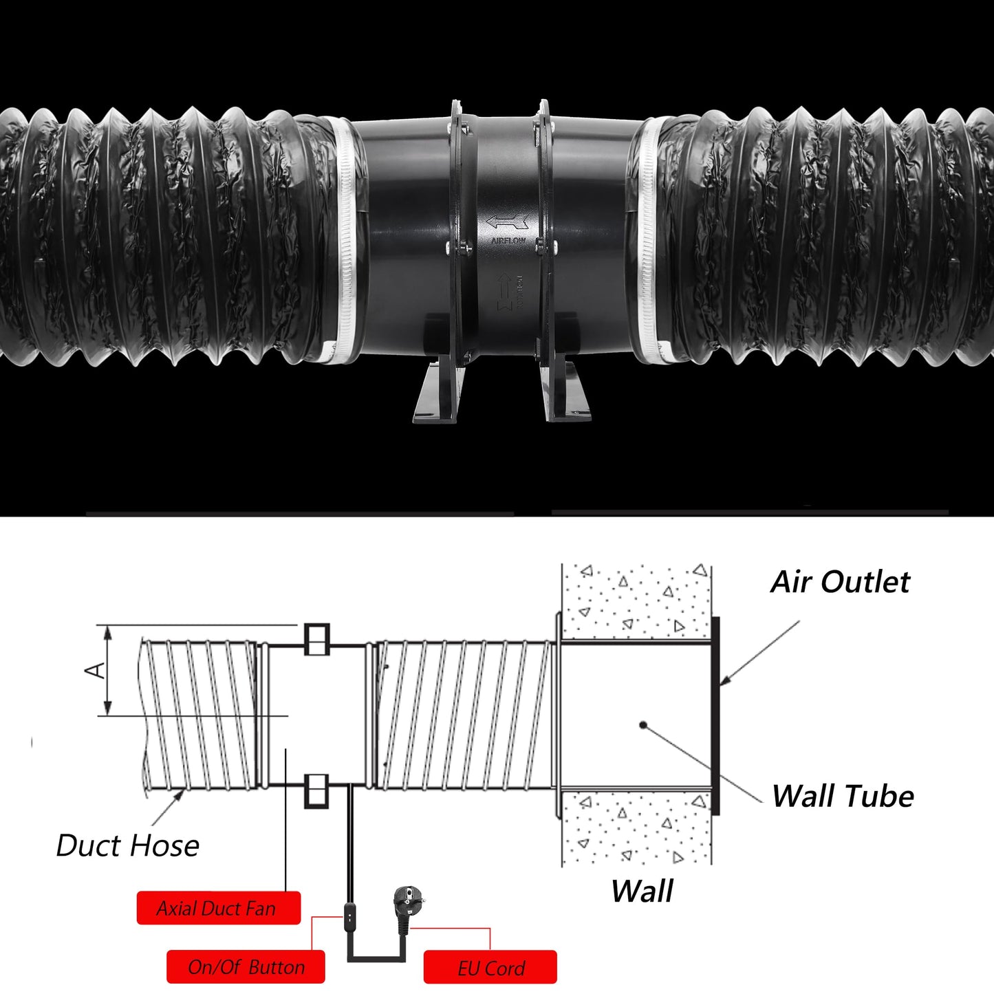Ø150mm Axial Tube Fan, Exhaust Fan Duct Fan Ventilator with On-Off Switch, 2m Duct Hose for Garage, Office, Grow Tent