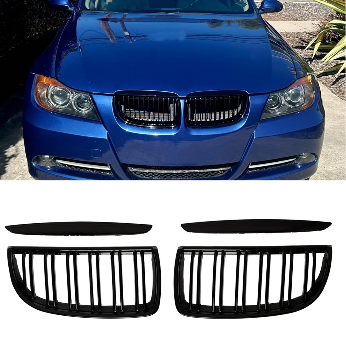 Gangying E90 kidney grills in black for BMW 3 series E90 E91 2005-2008. Gloss black, double slat, sport style grills for E90 sedan and E91 touring.