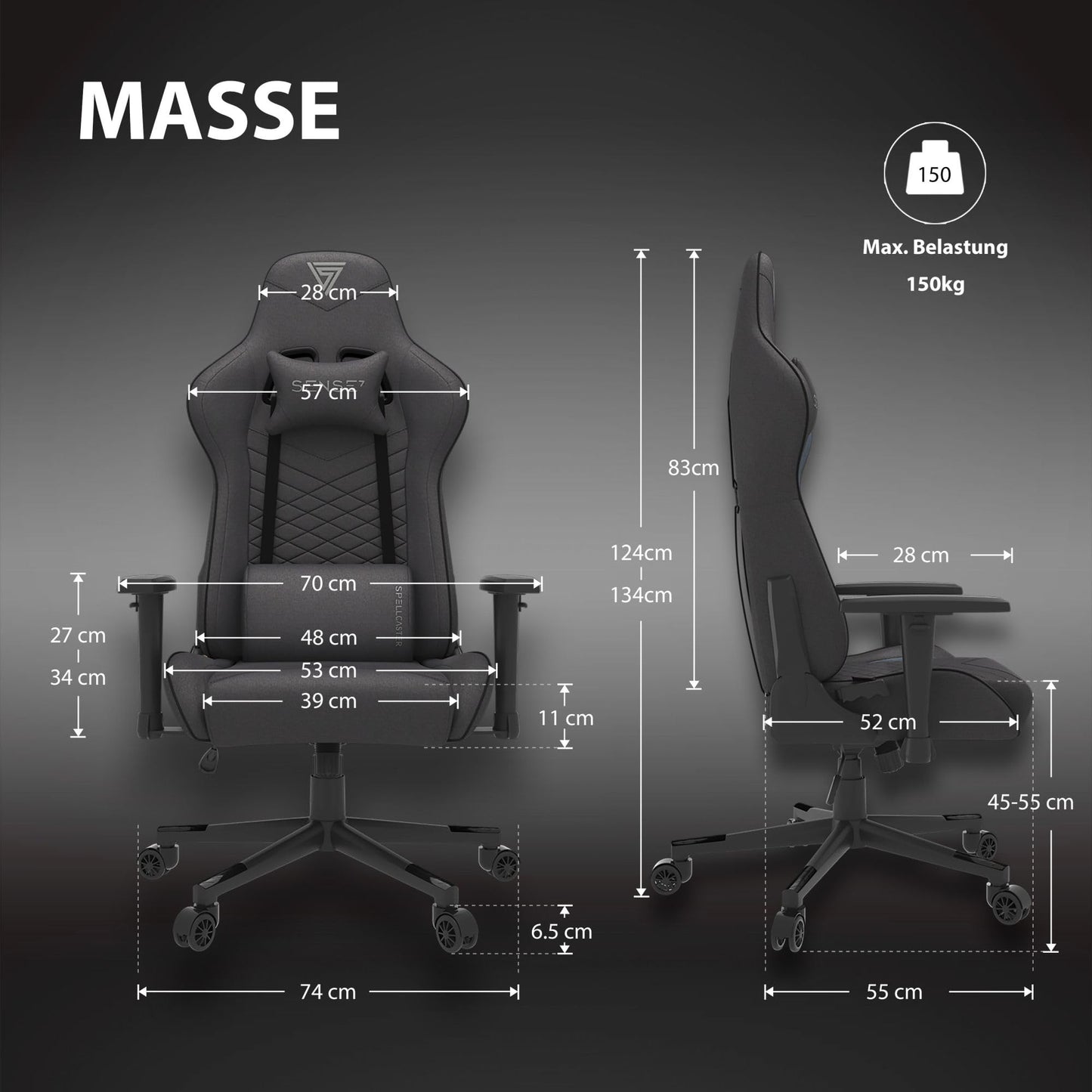 SENSE7 Gaming Fabric Spellcaster Office Chair Gamer Ergonomic seat Armrest One-piece steel frame Adjustable tilt angle Black, 43-52 x 69.5 x 57, 5902659841537