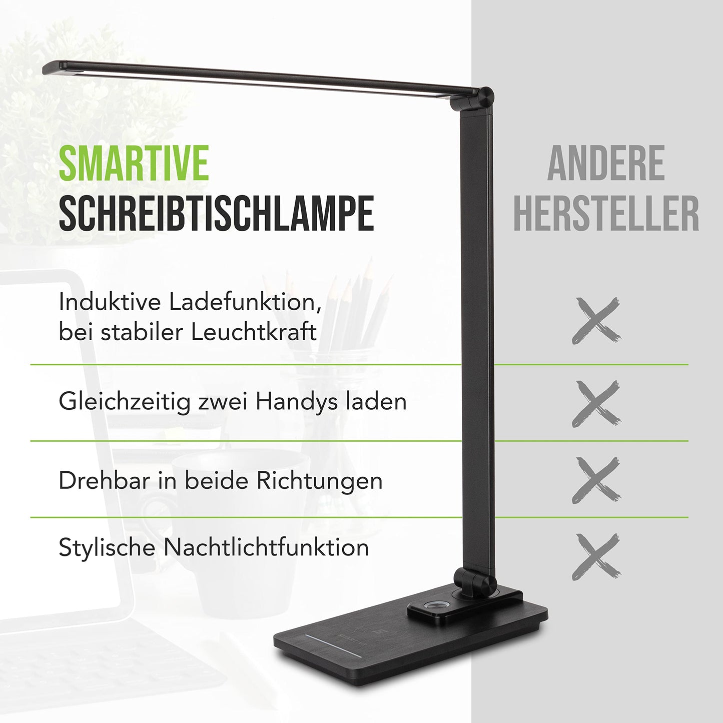 SMARTIVE | Design desk lamp with wireless charging function - LED office lamp with 10W wireless charging - eye-friendly dimmable light and cable-free charging | black desk lamp + USB output