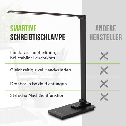 SMARTIVE | Design desk lamp with wireless charging function - LED office lamp with 10W wireless charging - eye-friendly dimmable light and cable-free charging | black desk lamp + USB output