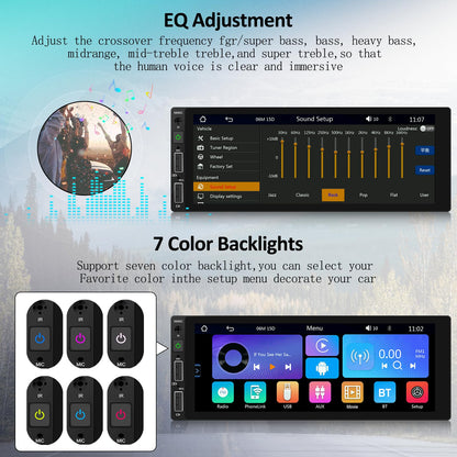 Single-Din car stereo with wireless Carplay, Android Auto, Bluetooth, 6.8-inch touchscreen, Mirror Link, AUX/USB/FM Radio, EQ, SWC, rear view camera, remote control, and microphone.