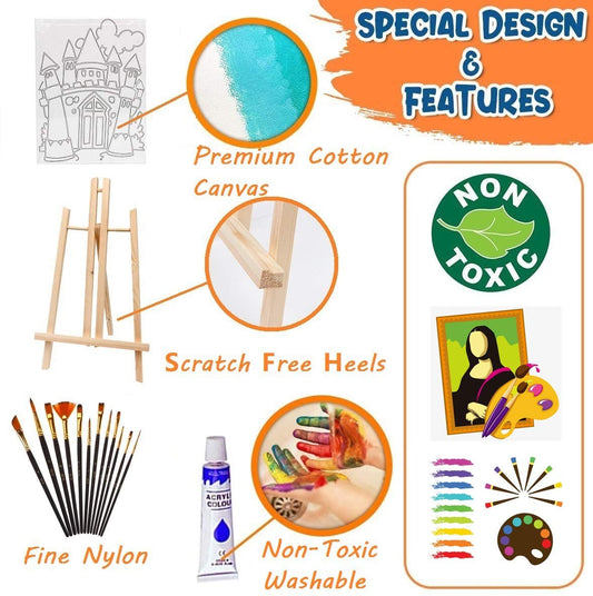 HOTOOLME 55 pieces Canvas Painting Set with Acrylic Paint Set, including wooden easel, canvases, brushes, palette, and storage bag. Acrylic painting starter kit for boys and girls.