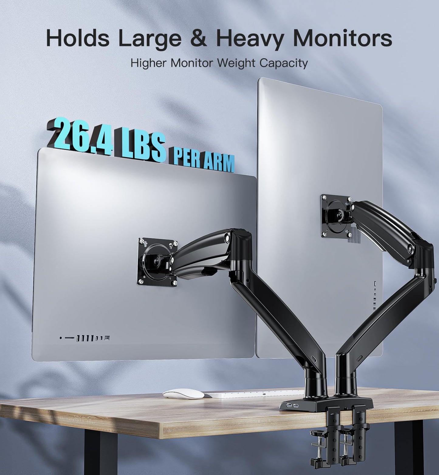 HUANUO dual monitor mount for 13-40 inch screens, with gas spring arms, VESA 75 & 100mm, C-clamp and grommet base, supports 2-12kg.