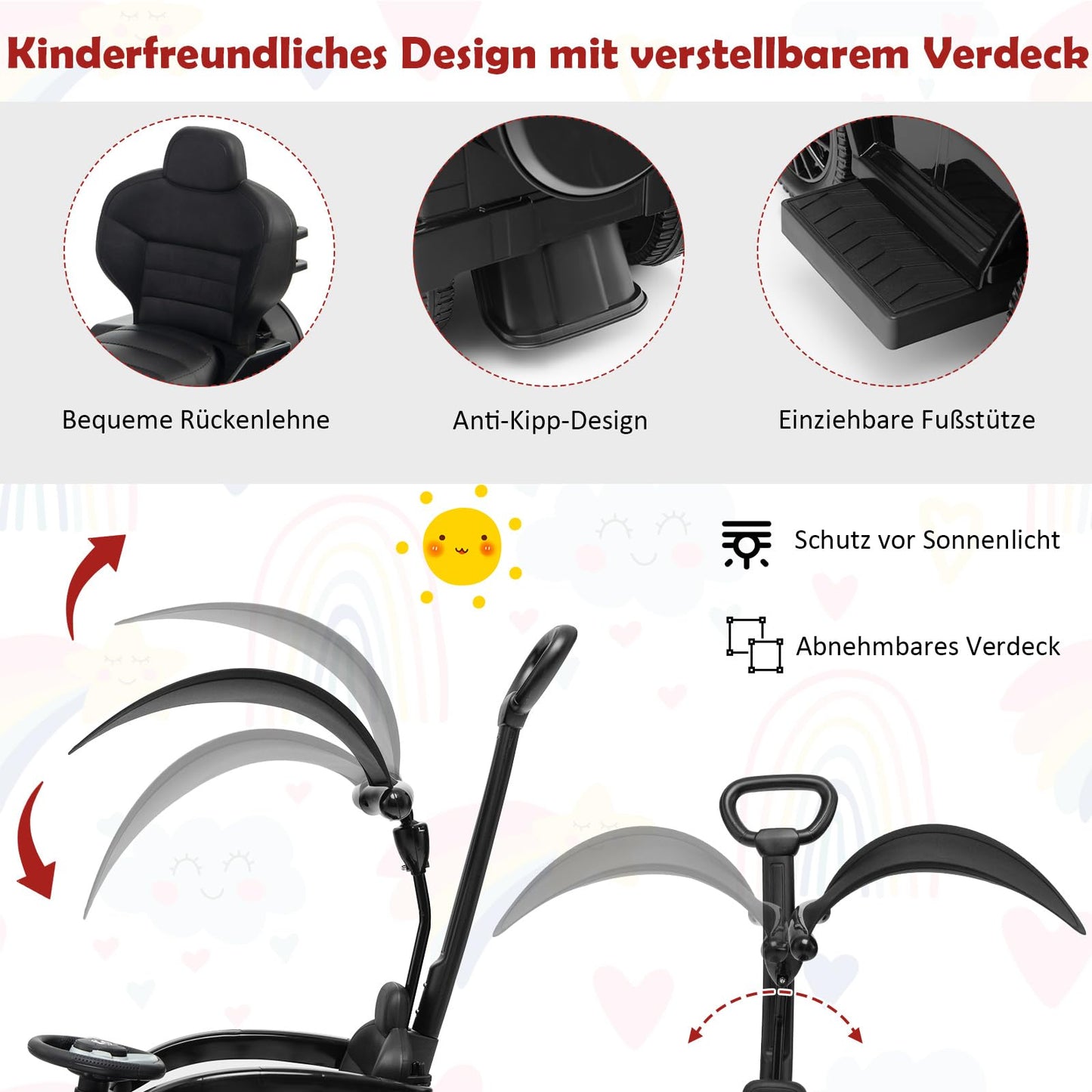COSTWAY Mercedes Benz Ride-on Car, 3 in 1 Push Car with Sunshade & Storage & Removable Guardrail & Push Handle, Ride-On Vehicle with Engine Sound & Horn, for Kids 1 Year and Up (Black)