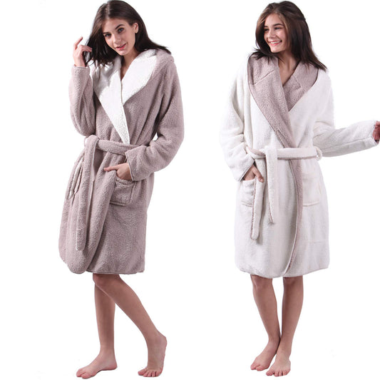HOMELEVEL Sherpa Reversible Bathrobe in Sheepskin Look for men and women with hood, morning gown, housecoat