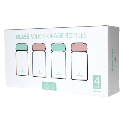 Premium glass breast milk storage bottles, 4 pieces, 180 ml, dishwasher, freezer and microwave safe (glass bottles for breast milk, 4 x 180 ml)