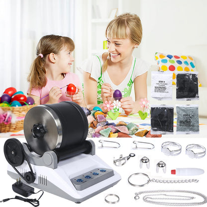 Rock Tumbler Kit, Professional Stone Polishing Drum Set Rock Polisher for Kids and Adults 7 Day Timing Function 4 Types of Polishing Powder
