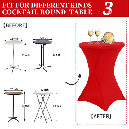 3 pieces of cocktail table covers 80cm, red table covers for Ø 80-85 cm cocktail tables and bistro tables, stretch tablecloth with foot pockets for wedding birthday party banquet (80 cm, red)