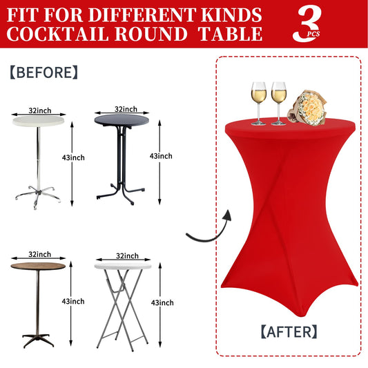 3 pieces of cocktail table covers 80cm, red table covers for Ø 80-85 cm cocktail tables and bistro tables, stretch tablecloth with foot pockets for wedding birthday party banquet (80 cm, red)