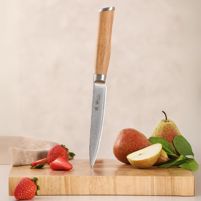 Wakoli Olive Damascus Knife Utility Knife | Kitchen knife with 12.5 cm blade of 67 layers of Damascus steel with VG10 core | Olive wood handle | for vegetables, meat & fruit | Vegetable knife in gift box