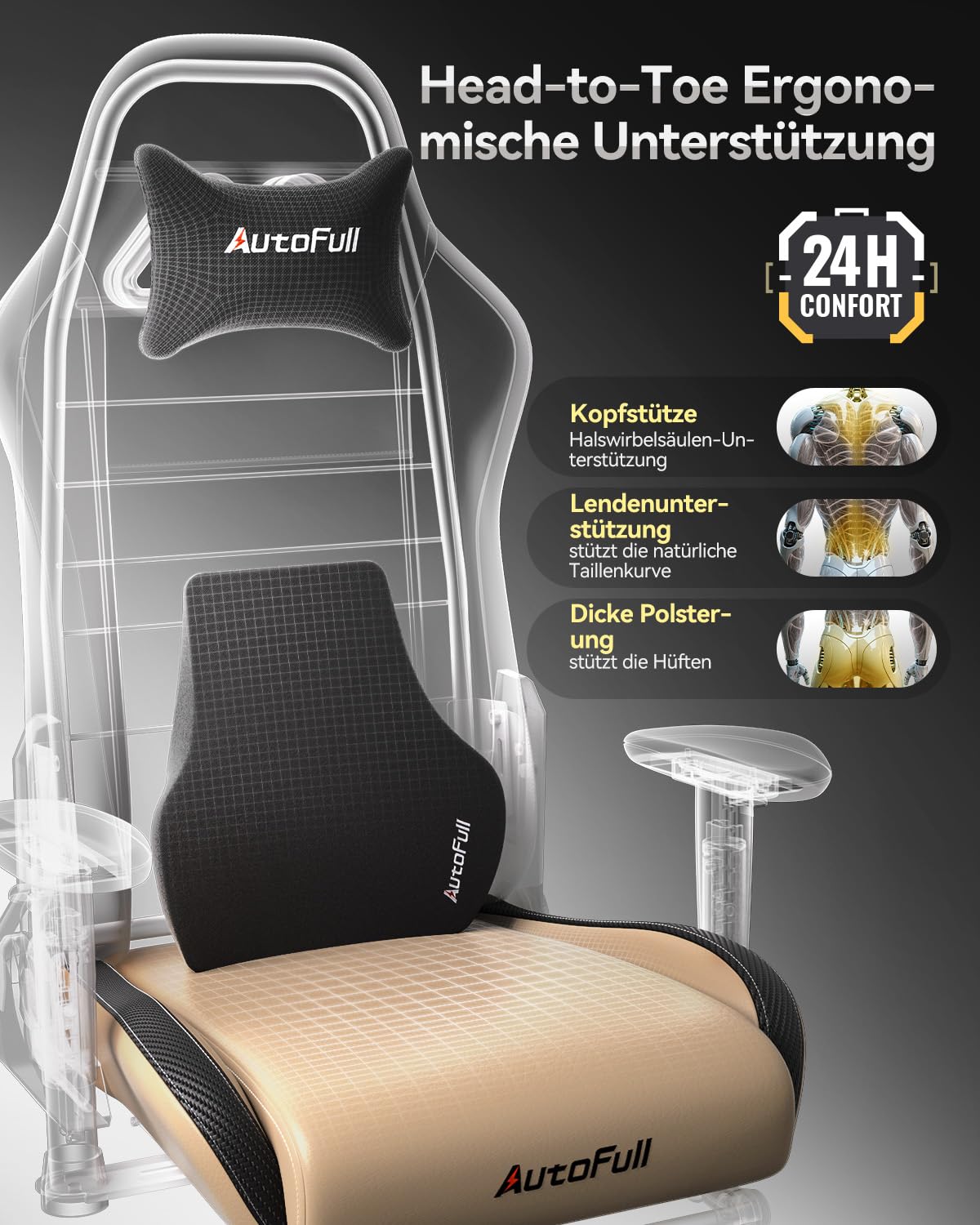 AutoFull C3 Gaming Chair, Ergonomic Gaming Chair with Lumbar Support, Height Adjustable & Reclining Function, Gaming Chairs with Footrest, 150 kg Weight Capacity, Racing Seat Design PU Leather (Brown)