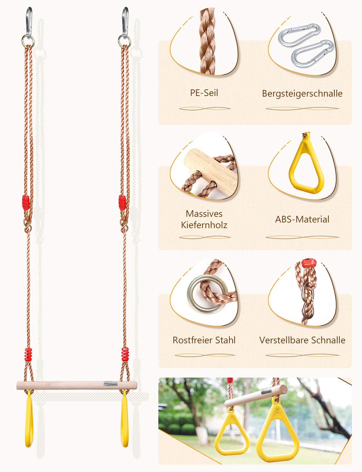 GHB Swing Trapeze Swing Swing Kids with plastic gymnastic rings for kids outdoor hanging capacity up to 120KG Yellow