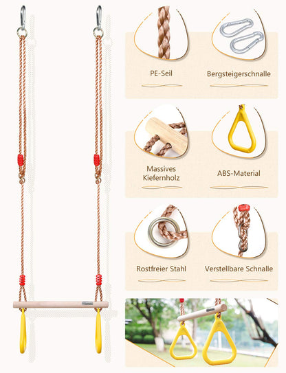 GHB Swing Trapeze Swing Swing Kids with plastic gymnastic rings for kids outdoor hanging capacity up to 120KG Yellow