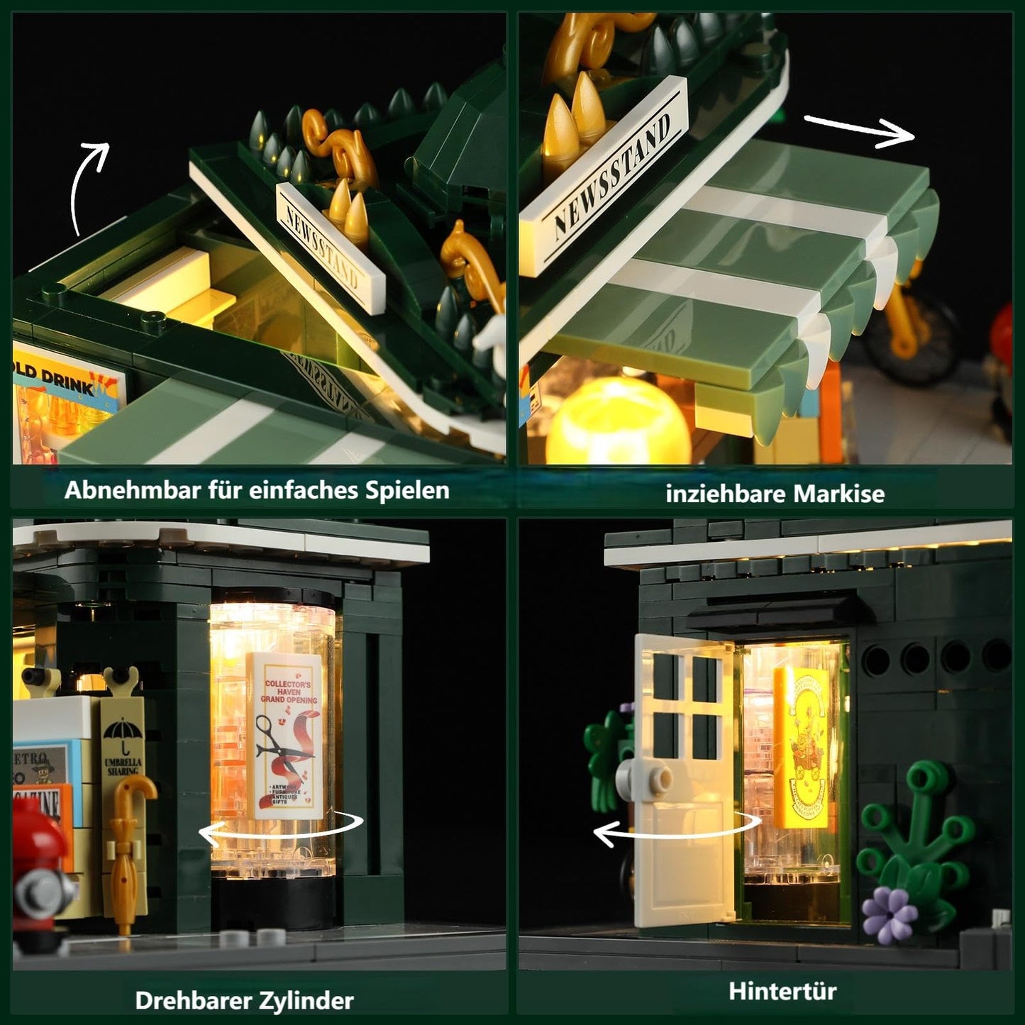 FUNWHOLE Kiosk Lighting Clamp Building House, Desk Decor, Retro Modular Building City Life Set, Gift for Adults and Teens, 556 Pcs, F9023, Newsstand