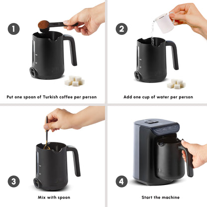 KARACA Hatır Roast Turkish Coffee Maker, Shiny Black, 5 cup capacity, lots of foam, 535W, voice warning system, light warning system, measuring spoon, easy cleaning.