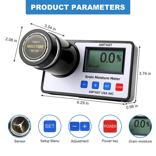 AMTAST Grain Moisture meters for 22 grains: wheat, corn, coffee, cocoa beans, flaxseed, soybeans, rice, almonds, peanuts, parchment coffee, sesame, sorghum, canola, barley.