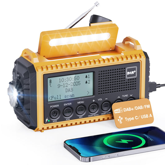 Crank radio with 5000mAh battery, portable solar radio with LED flashlight & reading light, DAB+ jobsite radio IPX4, emergency radio and SOS alarm. Suitable for hiking, camping, outdoor activities. Yellow DAB model.